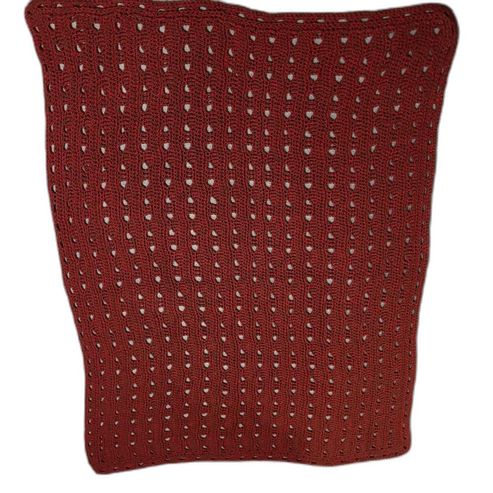 Vtg Christmas Afghan Red hint of Green Handmade open lacy stitch 59 x 43 inches